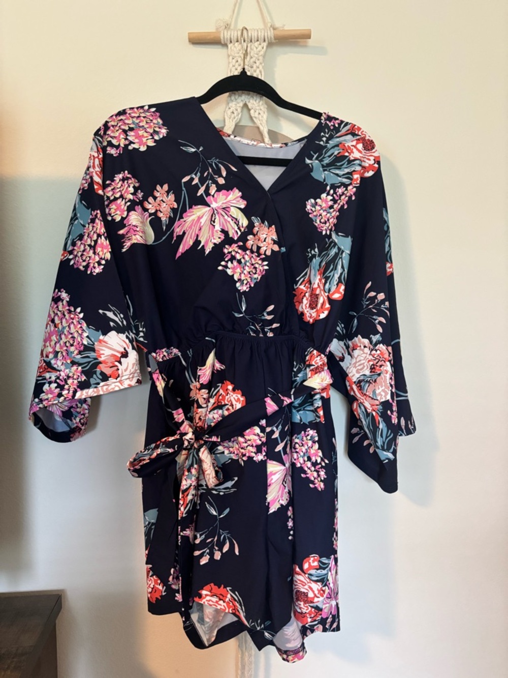 Floral Wrap-Style Navy Romper with Tie Waist